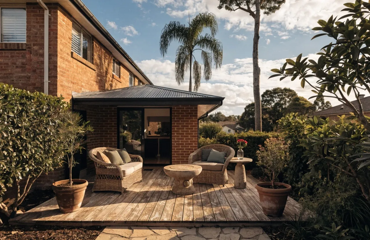 Attached patio with Colorbond roof on brick home in Newcastle NSW