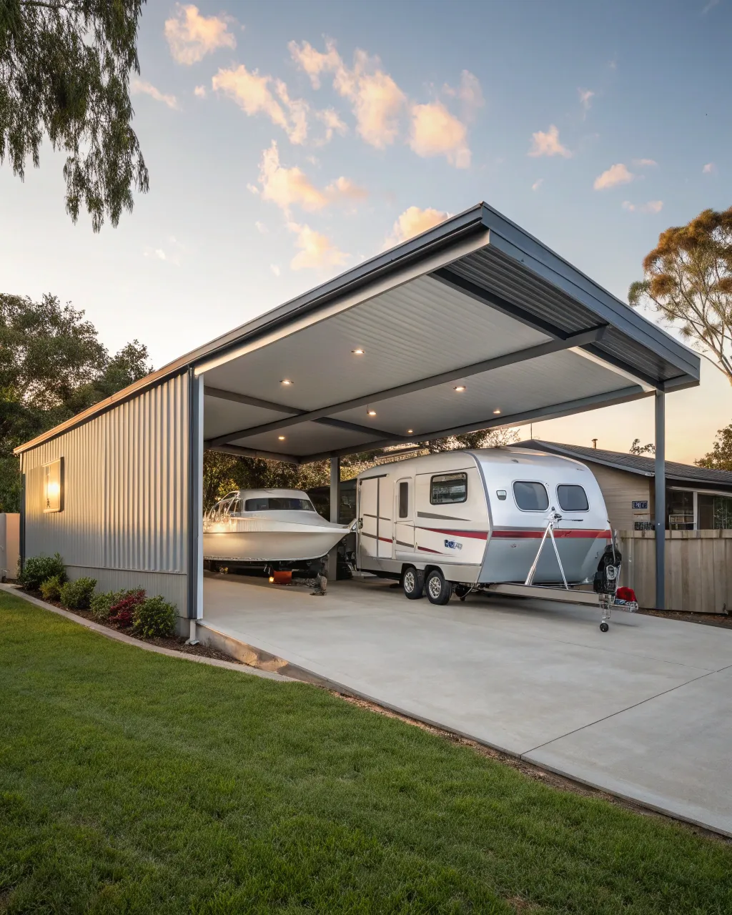 Large carport extension attached to an Australian home covering a boat in Newcastle