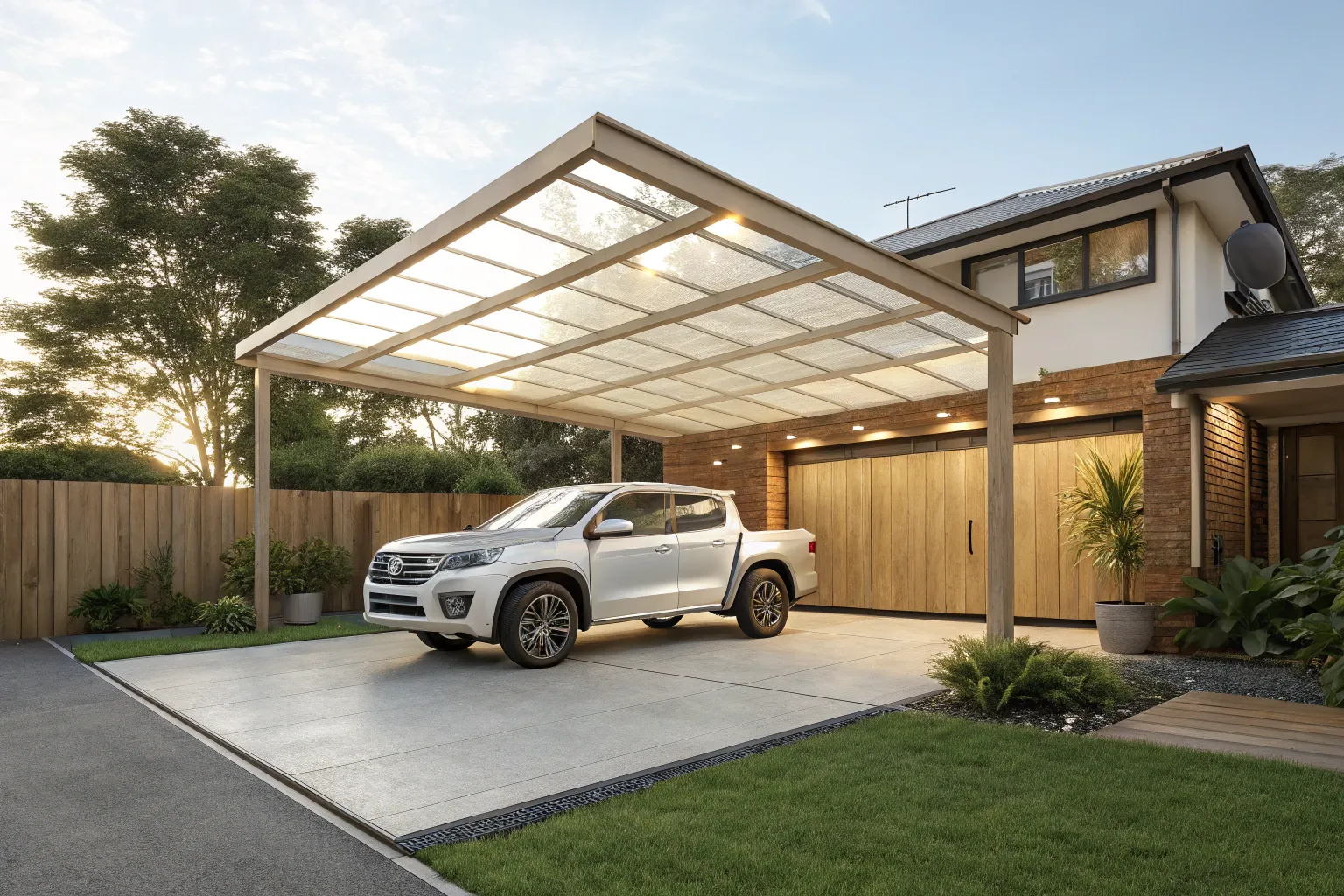 Carport extension with translucent polycarbonate roofing