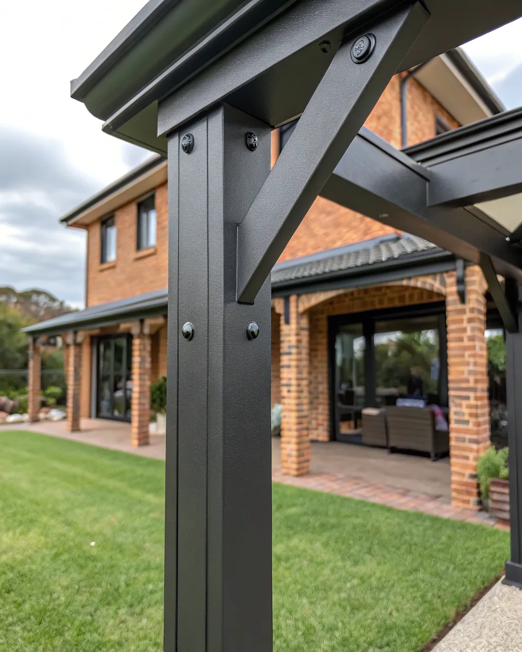 Close-up of a powder-coated charcoal aluminium gazebo frame