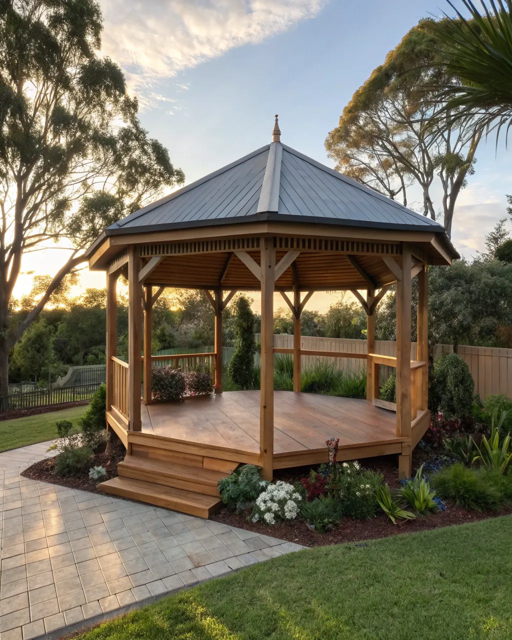 Completed octagonal timber gazebo in a well-established Newcastle garden