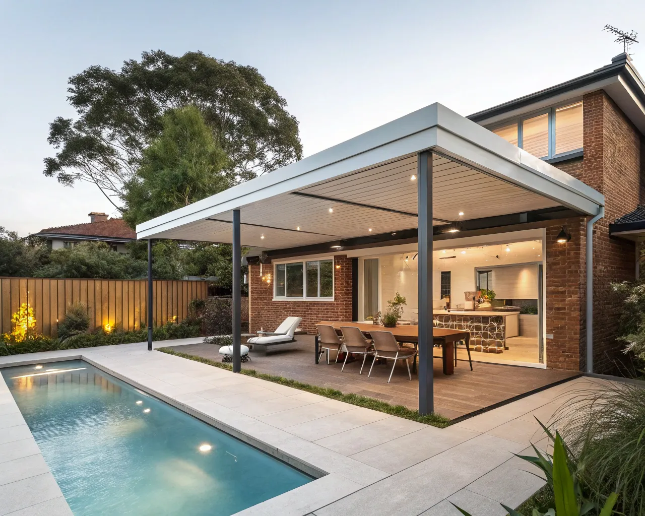 Custom insulated-roof pergola attached to a Newcastle home, shading a poolside patio area