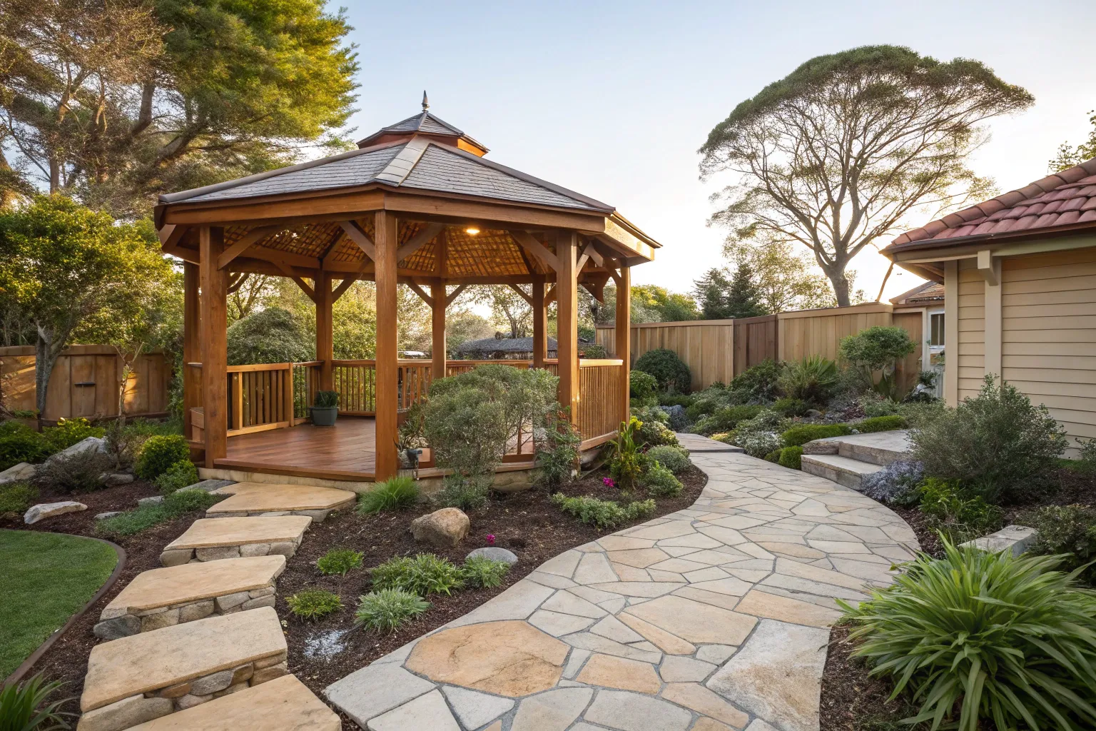 Custom octagonal timber garden gazebo viewed from across a Newcastle garden