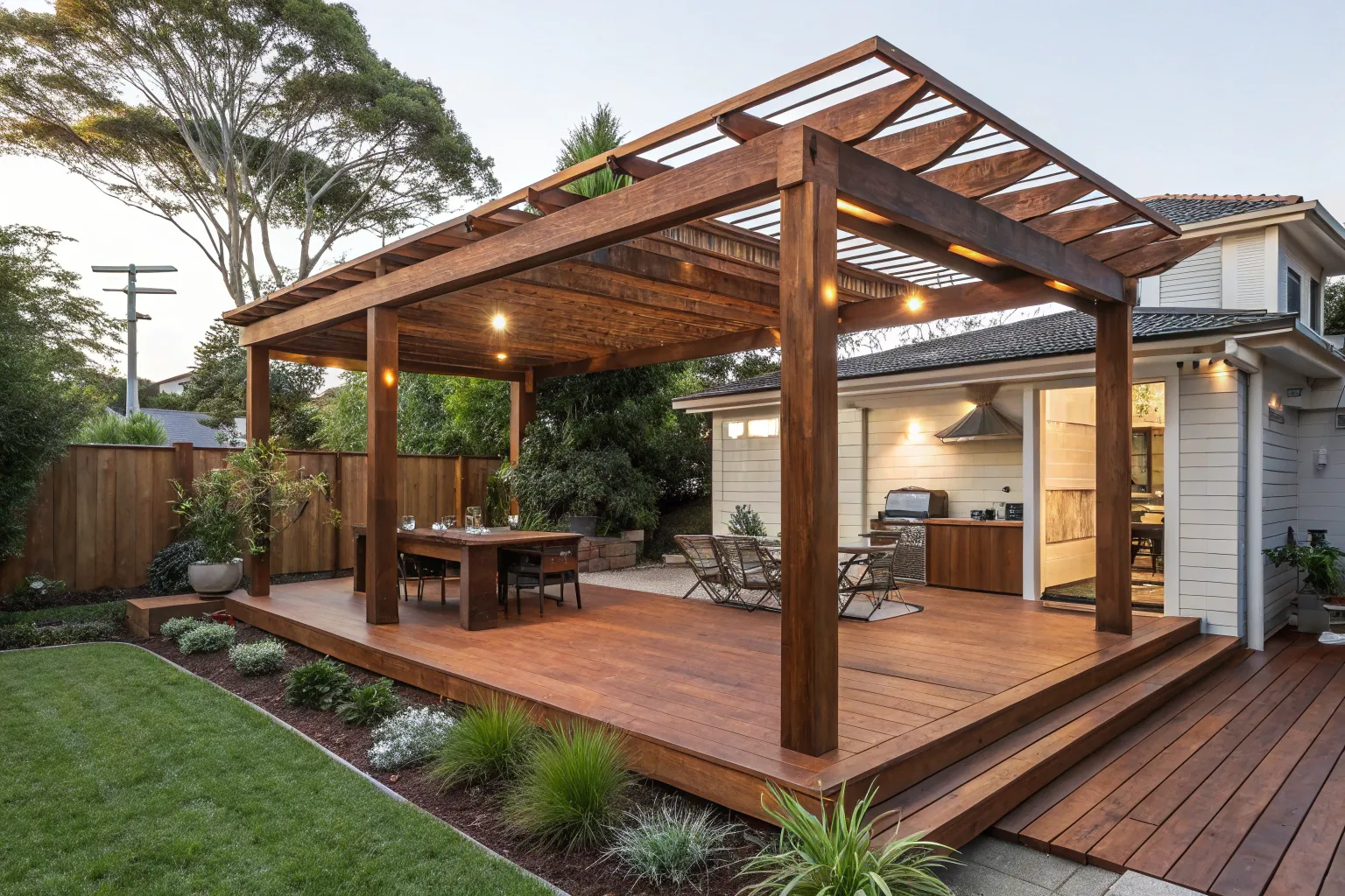 Custom timber freestanding pergola in a residential Newcastle backyard