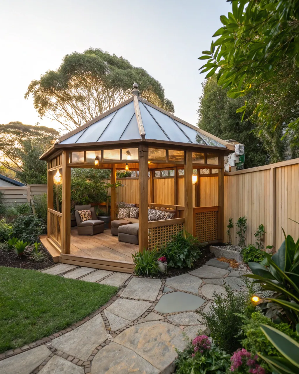Custom timber garden gazebo with a polycarbonate roof in a Newcastle backyard