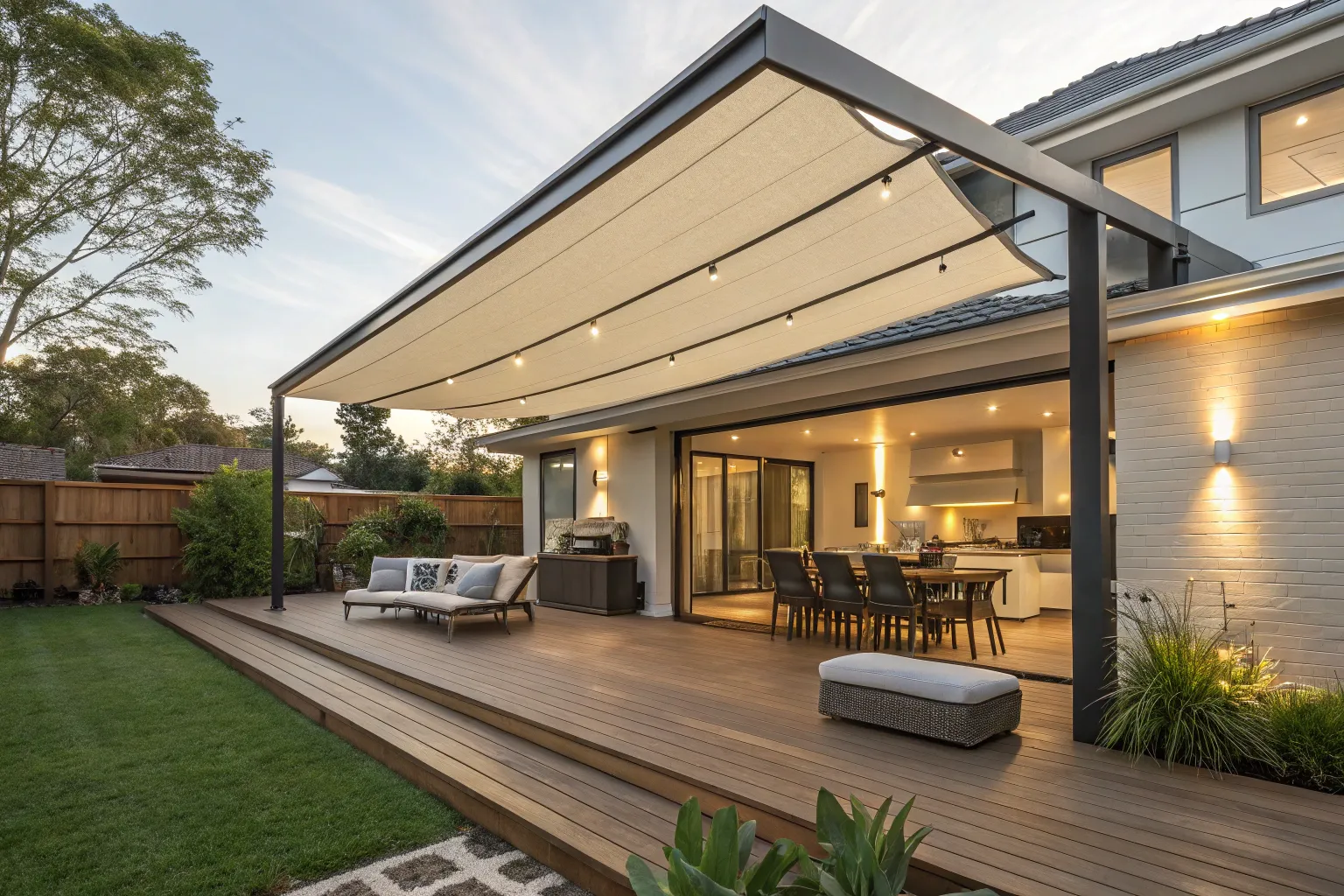 Fabric retractable roof pergola extended over a residential outdoor entertaining area