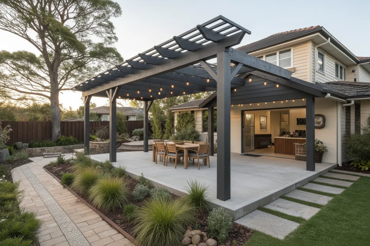 Freestanding aluminium pergola with a Colorbond roof in a Newcastle backyard