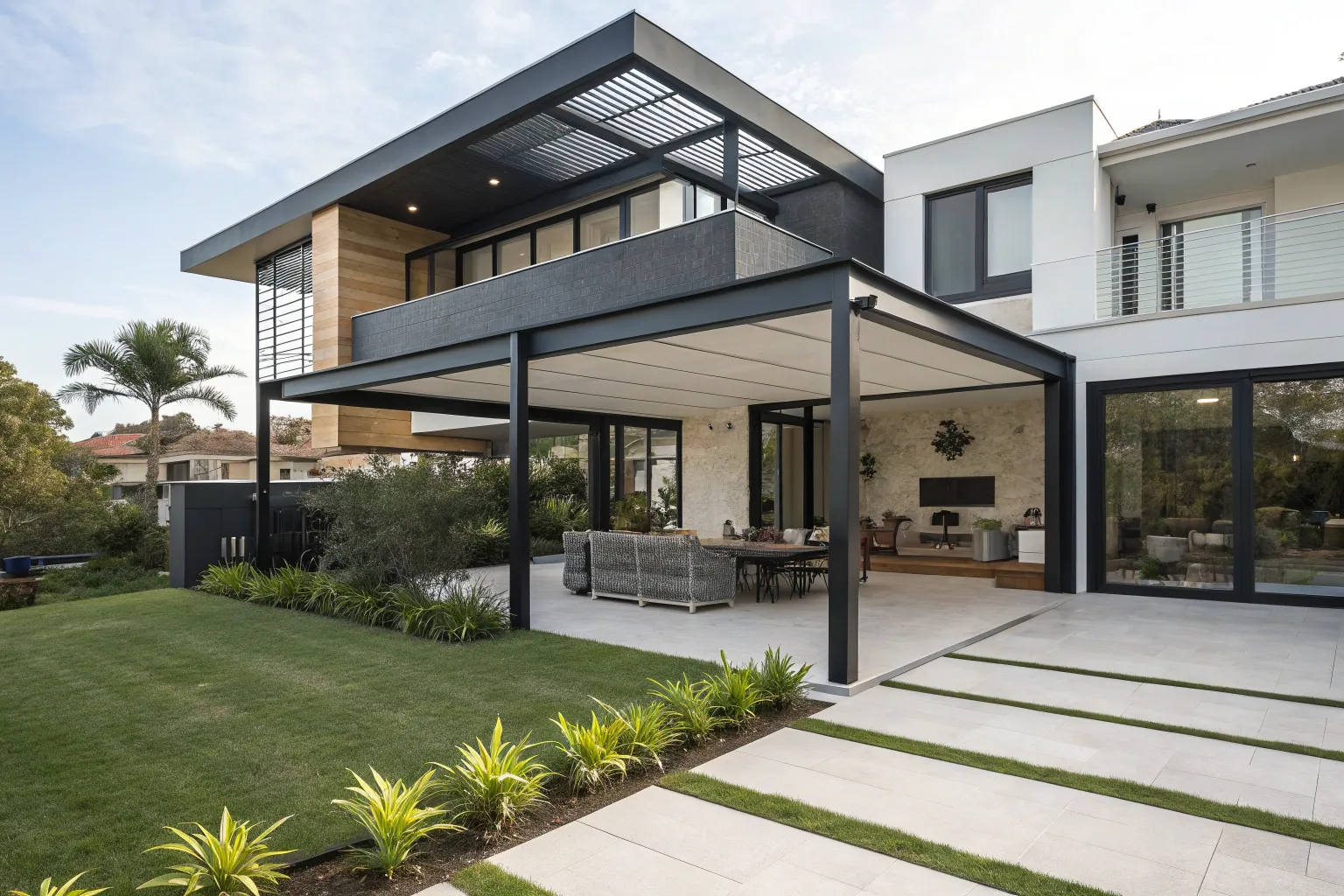 Freestanding minimal-profile powder-coated black steel gazebo in a Newcastle backyard