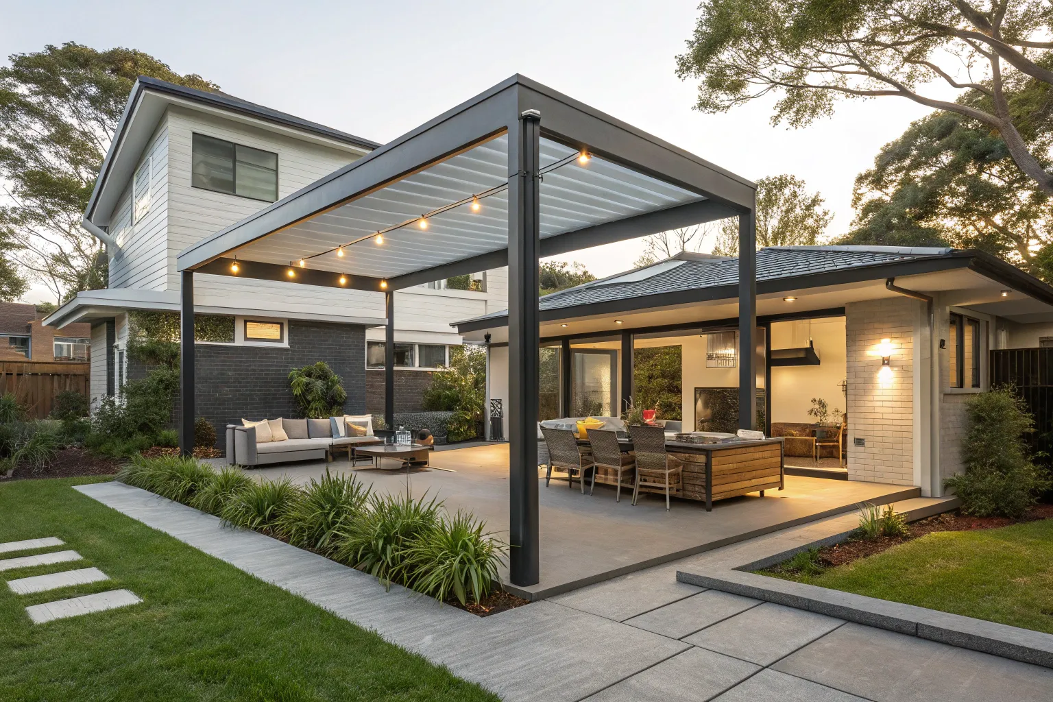 Freestanding pergola standing independently in a suburban Newcastle backyard