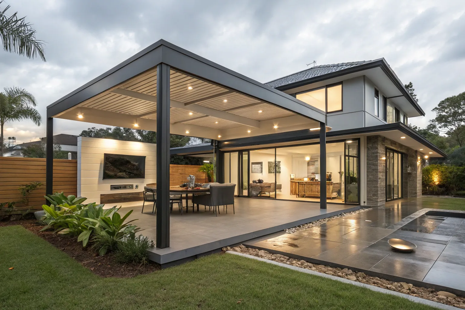 Freestanding sleek aluminium frame gazebo with clean sightlines in a Newcastle backyard