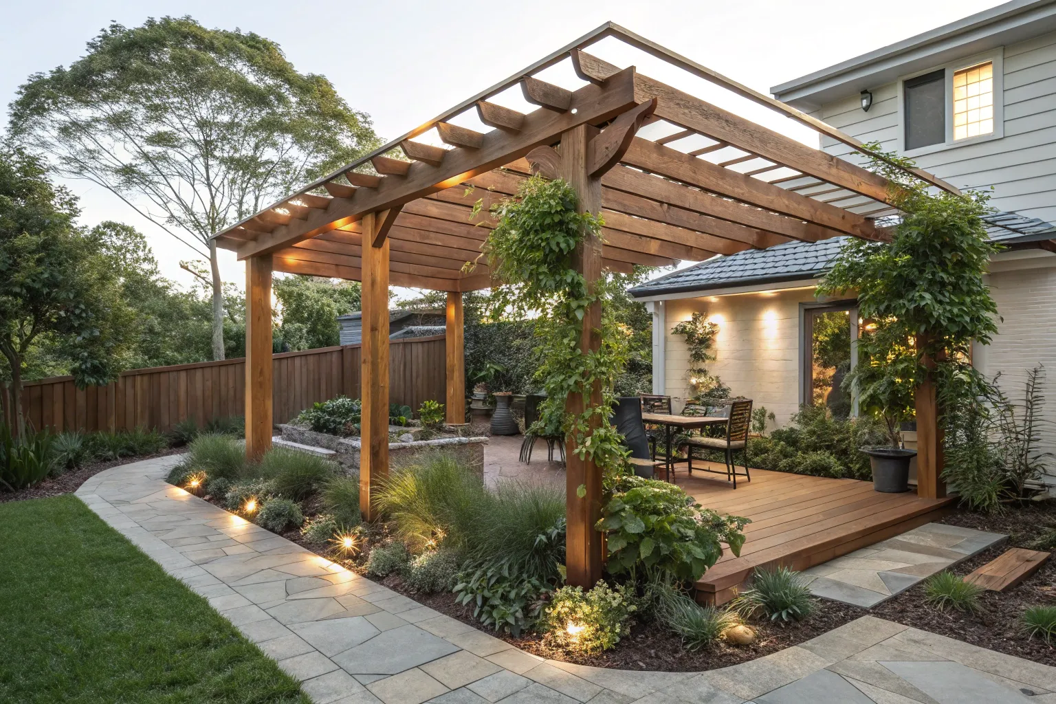 Freestanding timber pergola used as a garden retreat in a Newcastle backyard