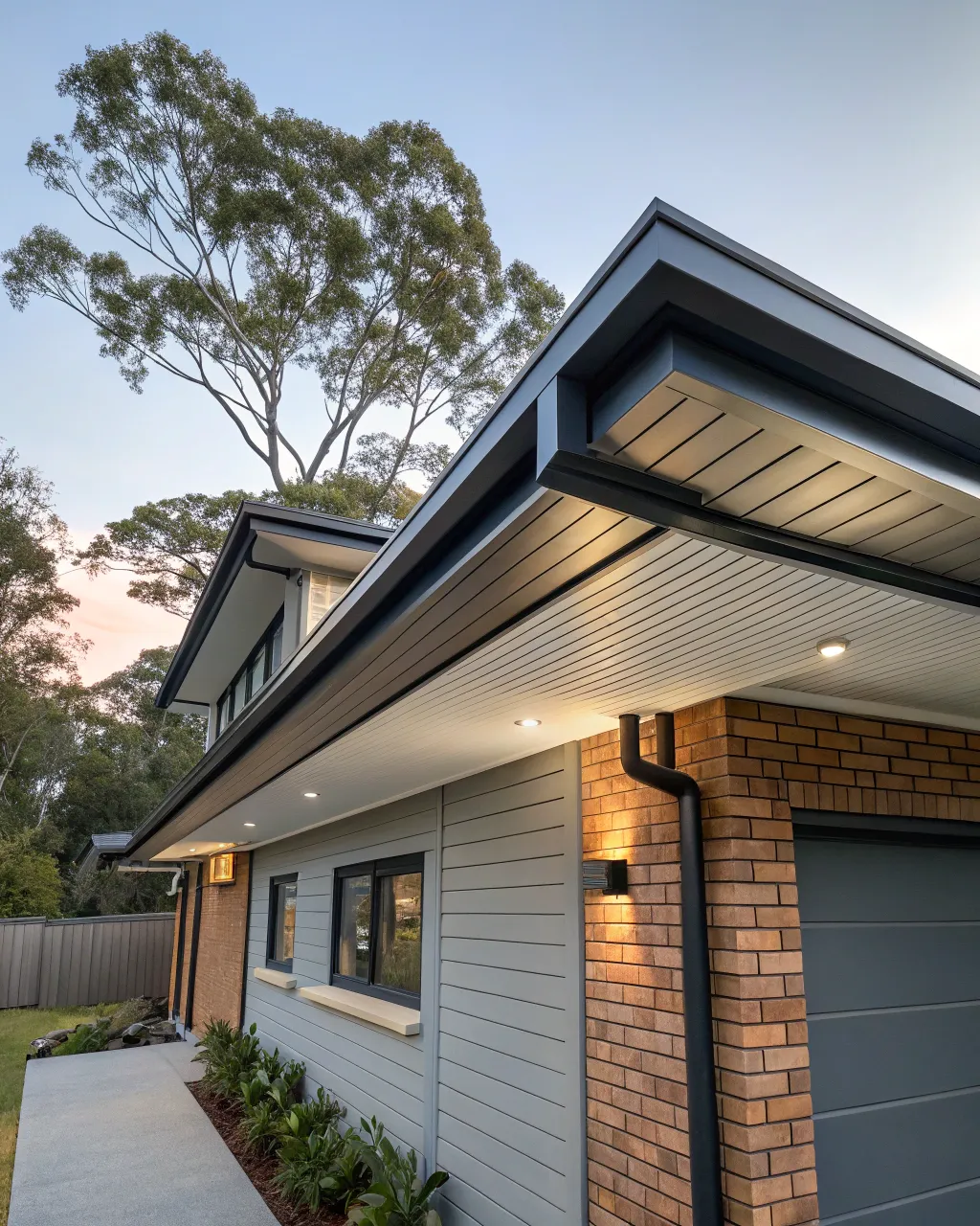 Close view of newly constructed eaves and guttering
