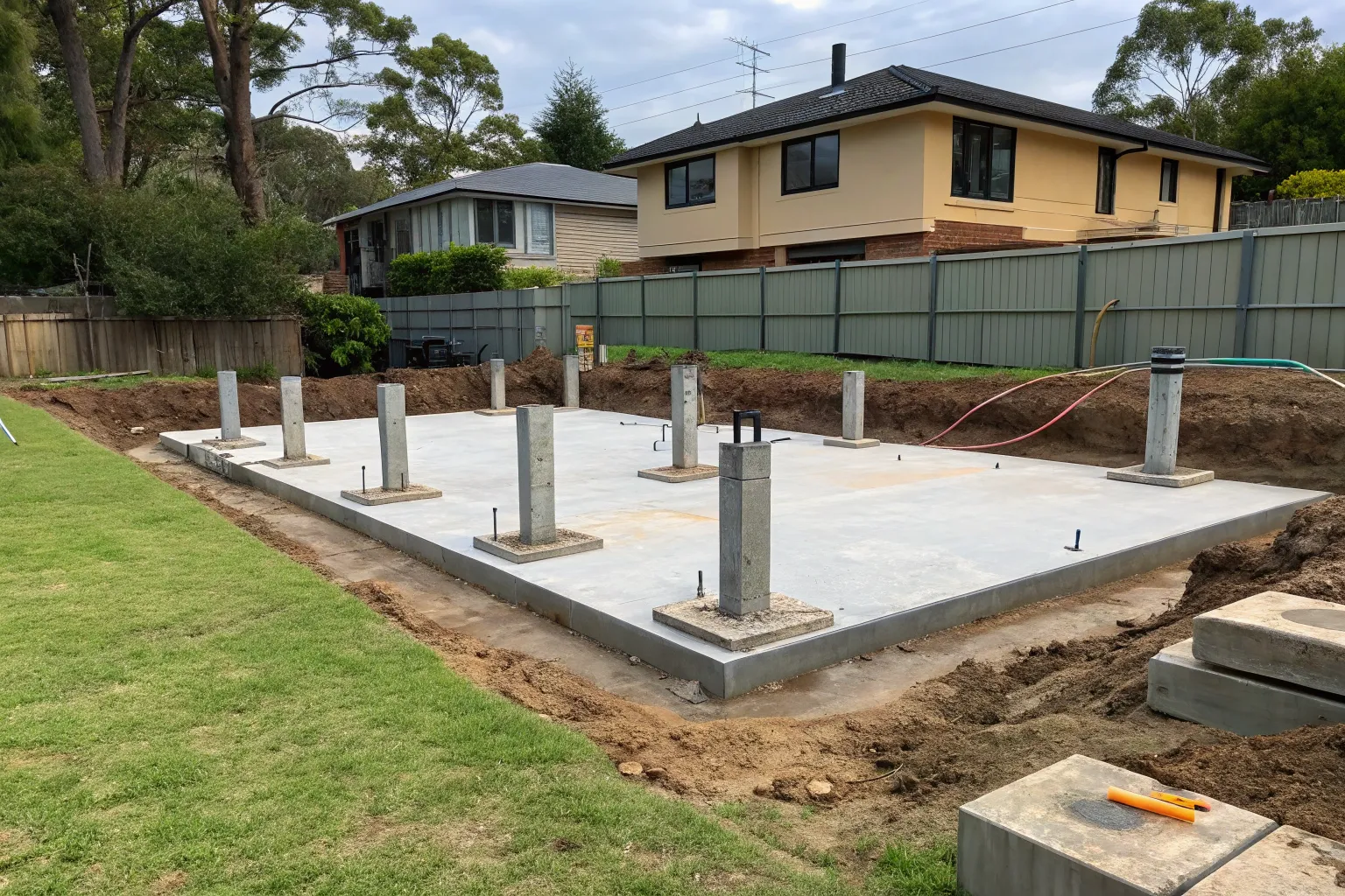 Freshly poured concrete post footings for a pergola