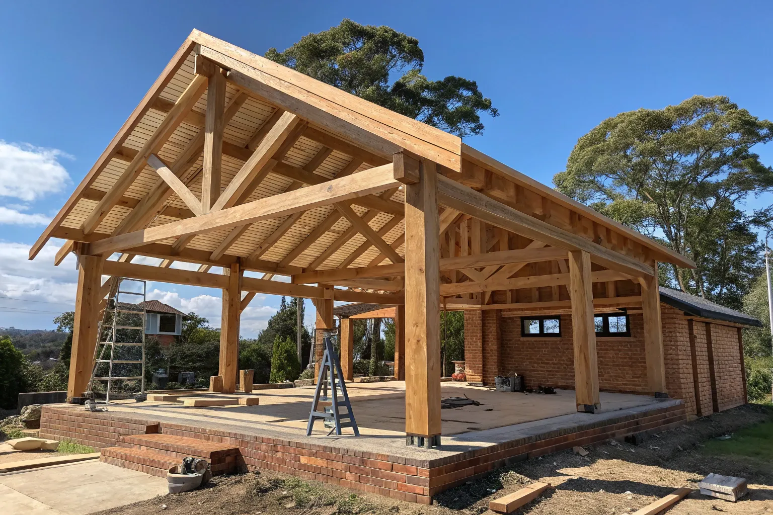 Large custom timber pavilion under construction in Newcastle, framing and roofline in progress
