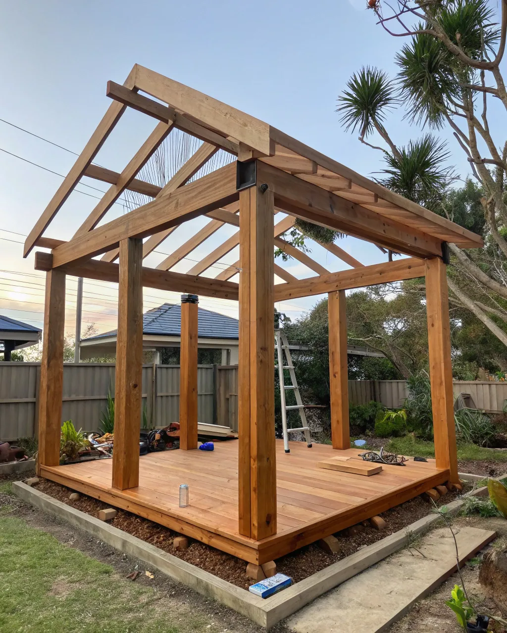 Partially constructed timber gazebo frame in a Newcastle backyard deck extension project