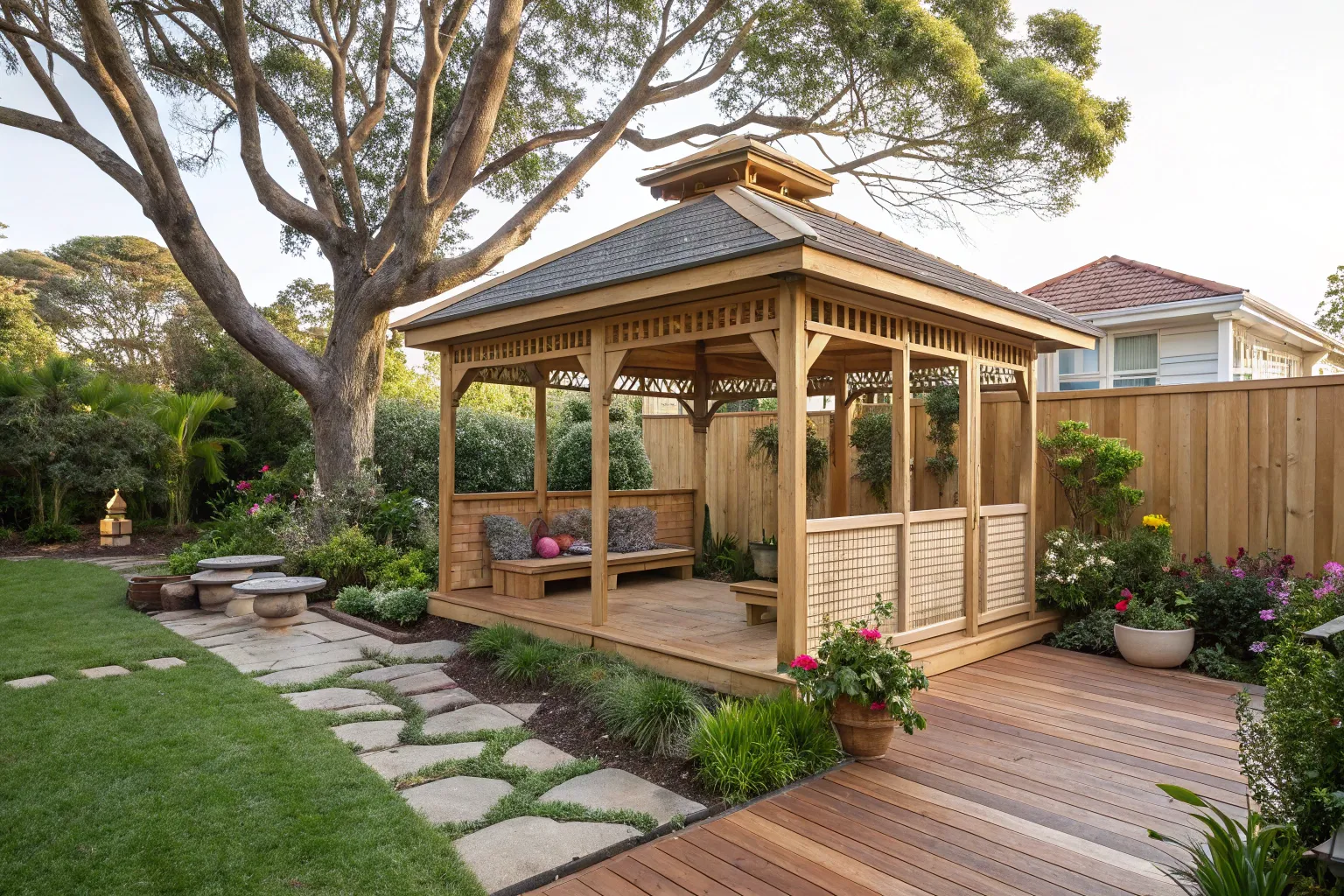 Perfectly proportioned custom timber garden gazebo built for Newcastle's coastal climate