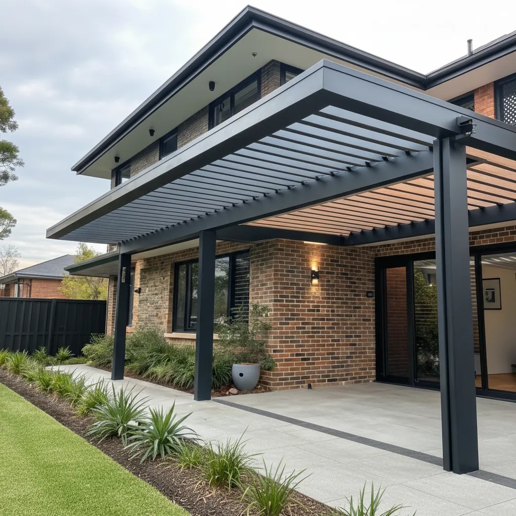 Powder-coated aluminium louvre pergola frame installed at a Newcastle home
