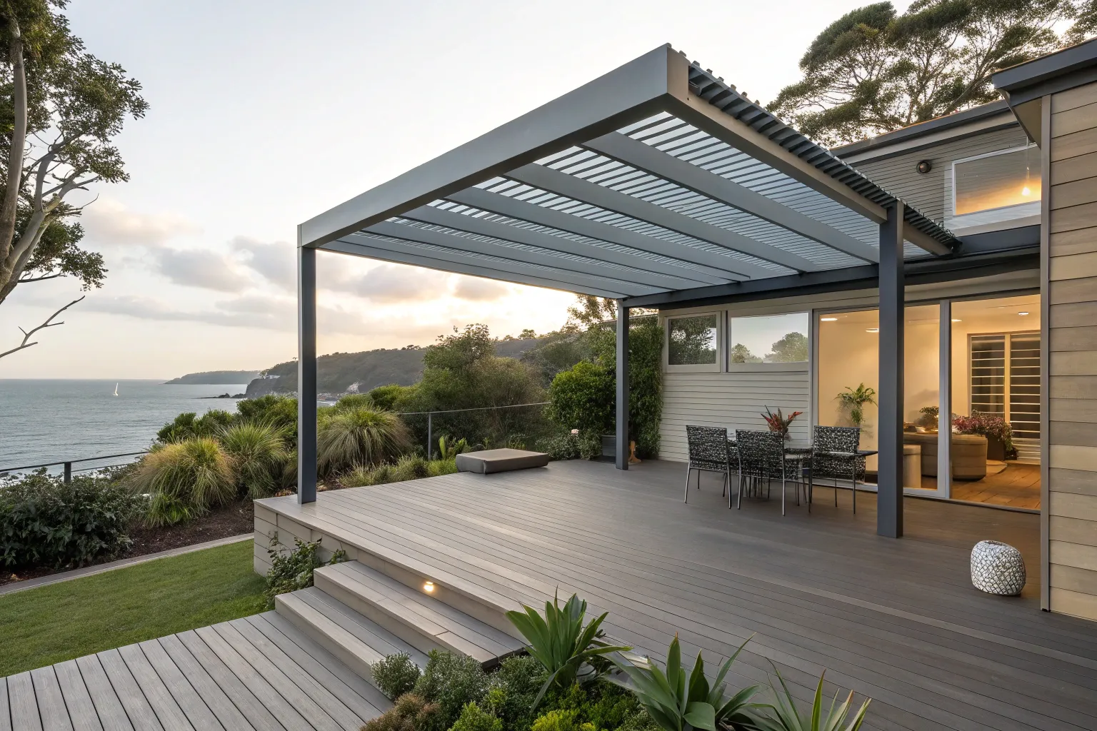 Powder-coated aluminium pergola over a multi-level deck in a Newcastle backyard