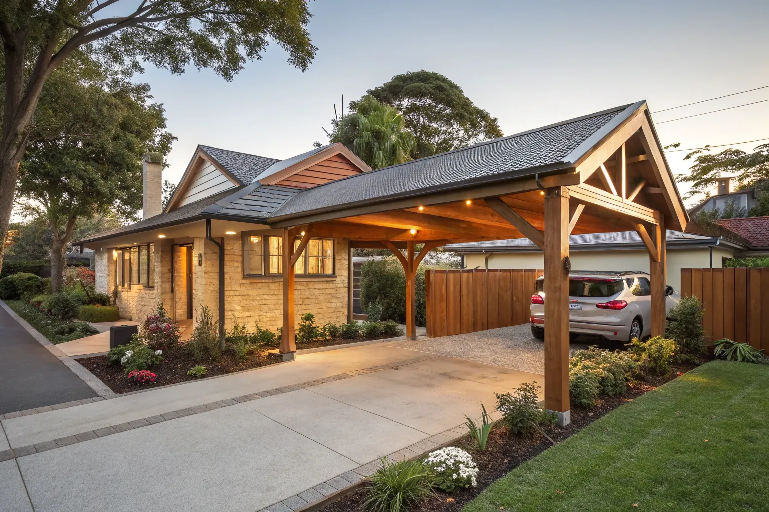 Timber single carport attached to a Californian bungalow in Newcastle