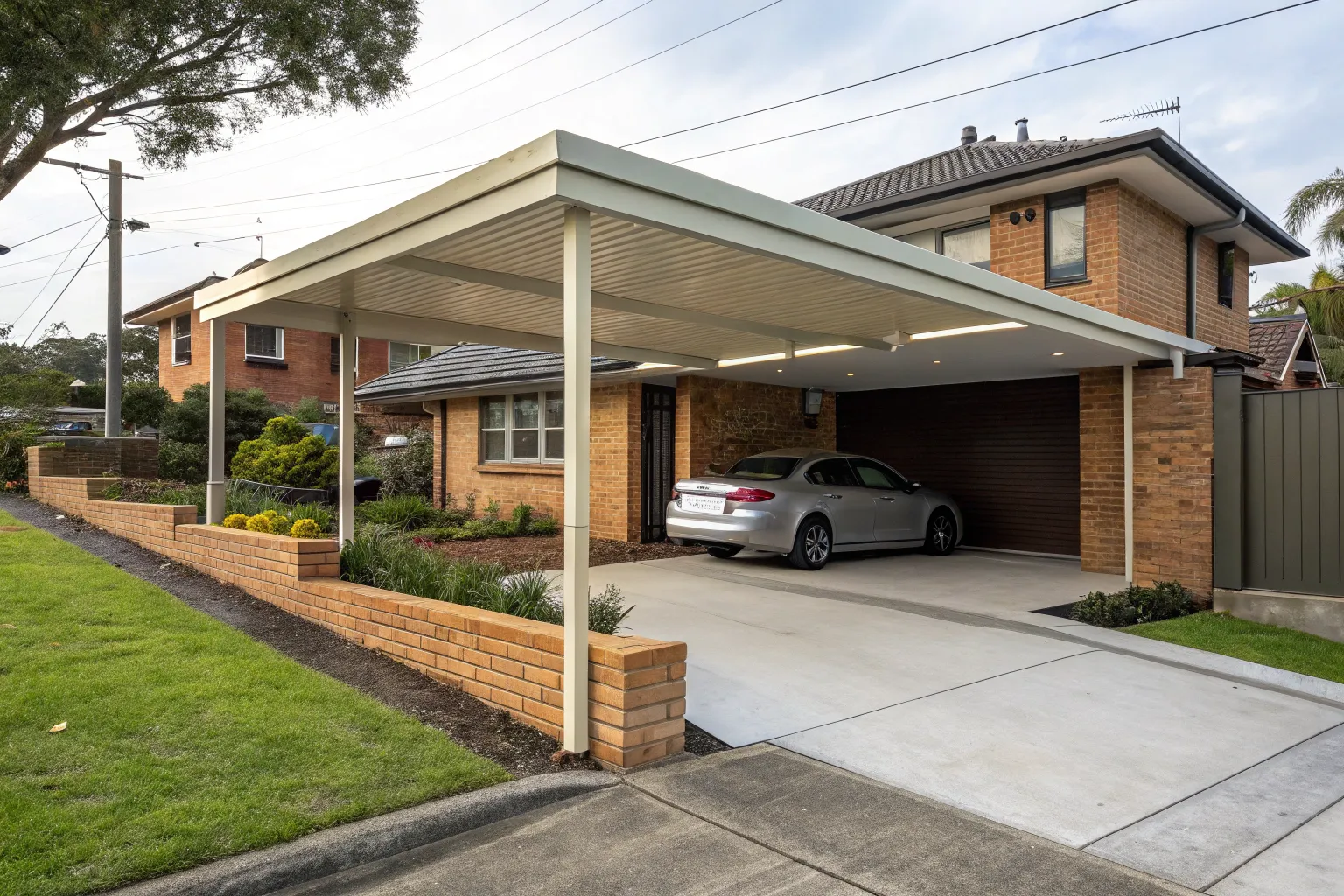 Attached single carport with Colorbond steel roofing on a brick Newcastle home