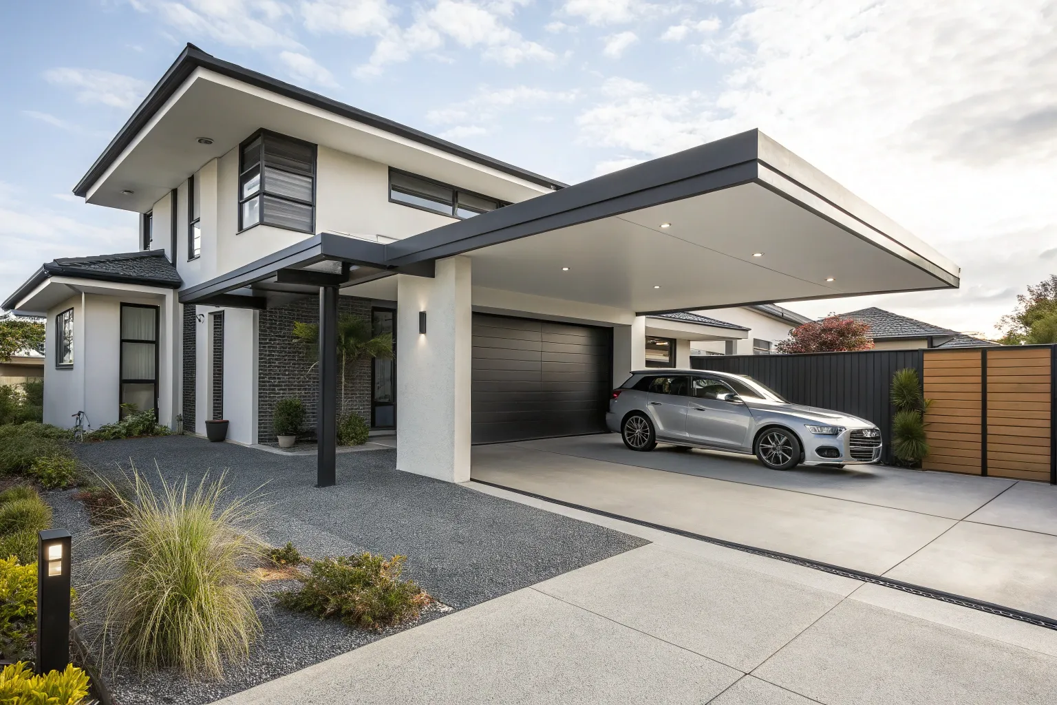 Sleek powder-coated single carport with polycarbonate roofing panels at a Newcastle home