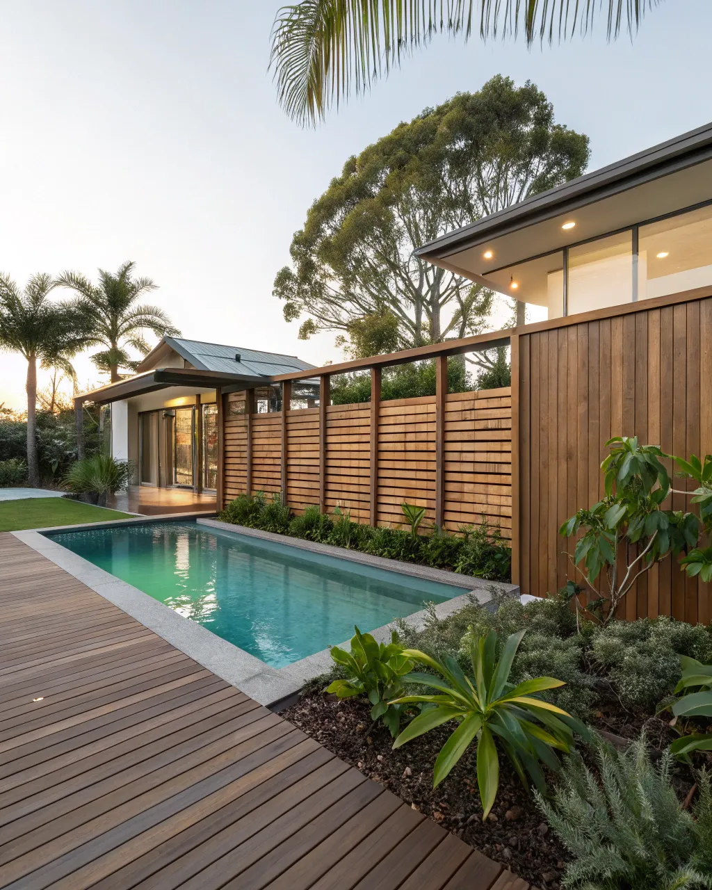 Wide timber batten privacy screen wrapping around a Newcastle poolside deck